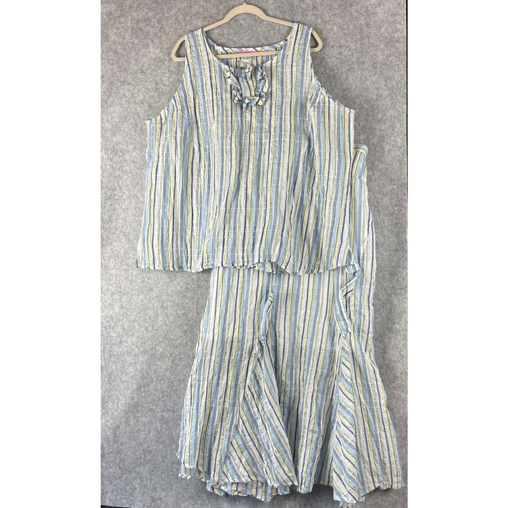 Alain Weiz Skirt Blouse Set Womens 24 Striped Crinkle Lightweight Coastal Artsy
